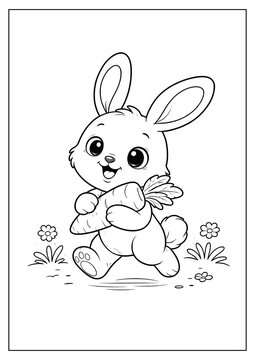 cartoon coloring page of a cute rabbit playing with a carrot.
