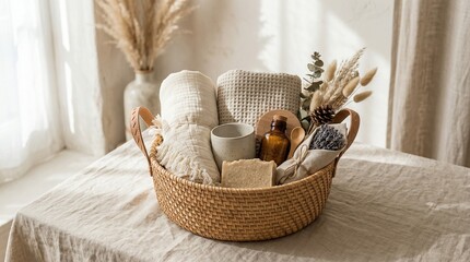 Fototapeta premium Aesthetic Woven Hamper with Eco-Friendly Spa Items and Soft Sunlight Shadows