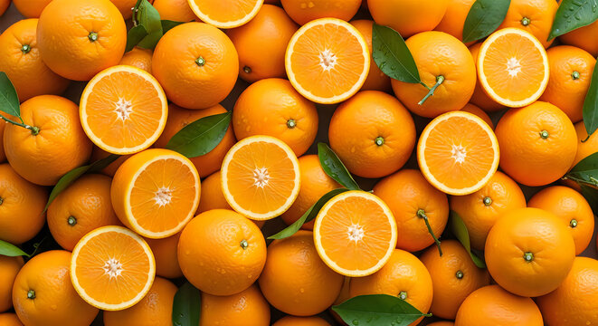 Abundant oranges a vibrant citrus display of whole and halved fruits