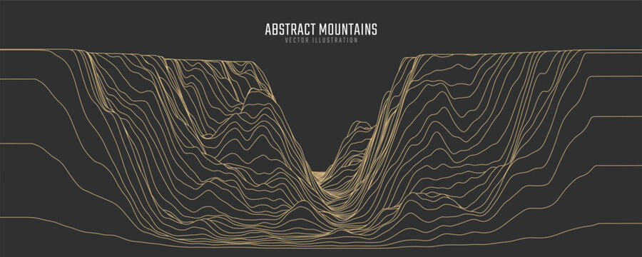 Contour mountain landscape. Waved line art. Abstract minimal topographic map. Contour lines with elevations and terrain depth. Vector illustration.
