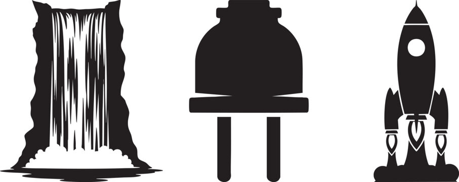 Black silhouette icons of a waterfall, electric plug, and space rocket. Set of 3 vector symbols for energy, nature, and technology concepts. isolated PNG with Transparent Background