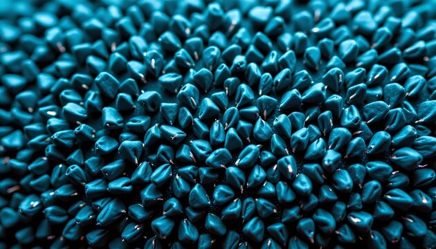 A close up of a surface adorned with numerous blue polystyrene beads that create an interesting pattern against a contrasting dark background.