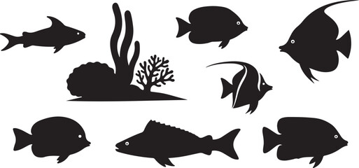 Fototapeta premium underwater marine life silhouette set black.
