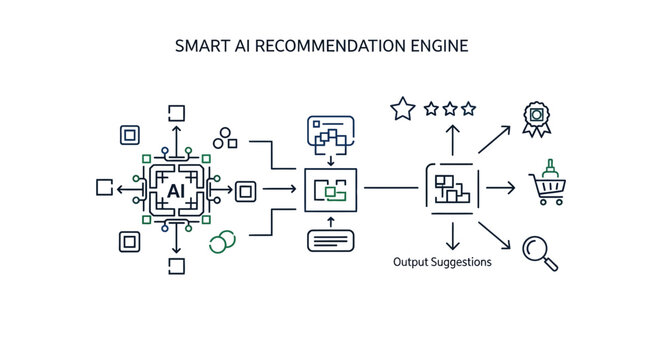 AI recommendation engine, smart technology, vector illustration, workflow diagram, automation concept
