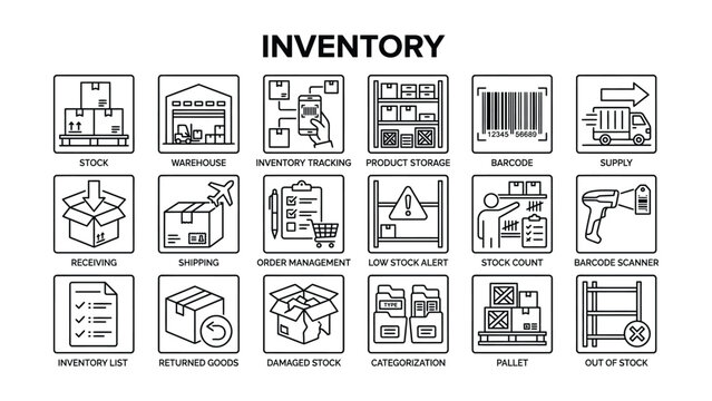 Inventory management icons set with stock warehouse and inventory tracking and product storage and supply chain logistics  business operations and management icone set
