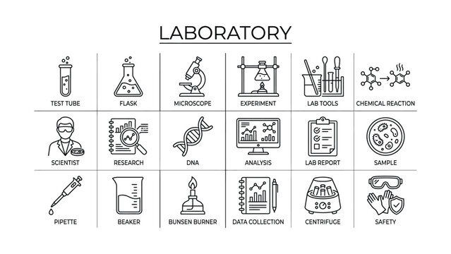 Laboratory equipment and tools icons set including test tube microscope and safety goggles on white background icone set