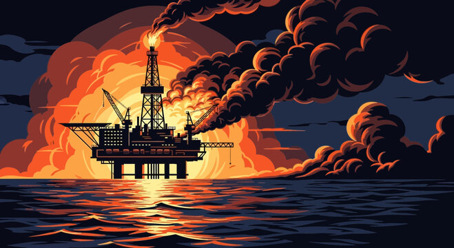 Oil Rig Explosion at Sea: Fire, Smoke, and Disaster on the Ocean