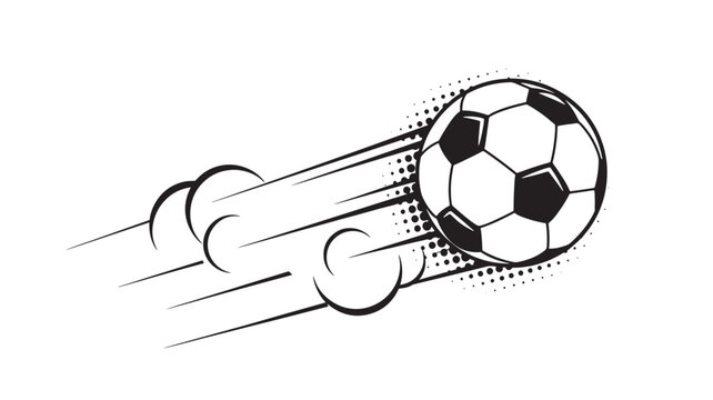 Soccer ball and rocket launcher vector icon with black and white lines, aiming streaks, and dotted speed effects