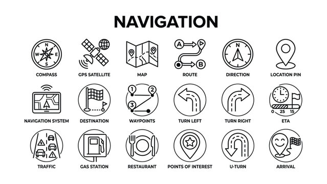 Navigation icons set including compass GPS satellite map route direction and location pin for travel and transportation icone set