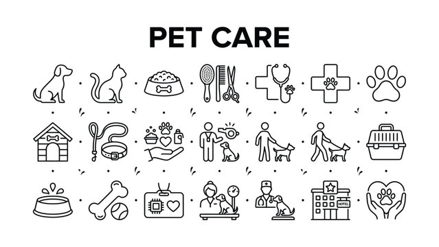 Pet care and accessories line icons set including dogs cats food bowls grooming tools veterinary care and pet hotels  essential elements for pet owners and animal lovers icone set