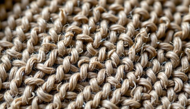 A close up view of a textured fabric, possibly a carpet or upholstery, exhibiting a pattern of interlocking strands or fibers in shades of beige and light brown.