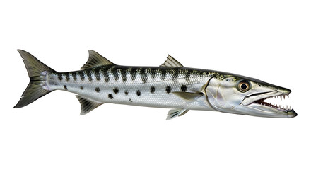 Obraz premium A Great Barracuda with its sharp teeth and silvery body swimming underwater
