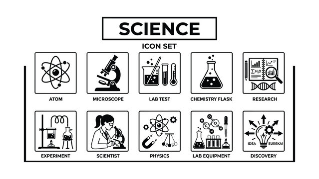 Science icon set with various scientific symbols and equipment for educational and research purposes in a graphic design icone set