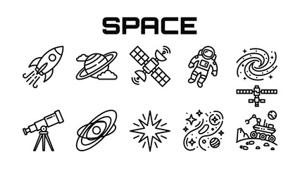 Space icons including rocket planet satellite astronaut telescope star galaxy and rover on white background icone set © Tanha