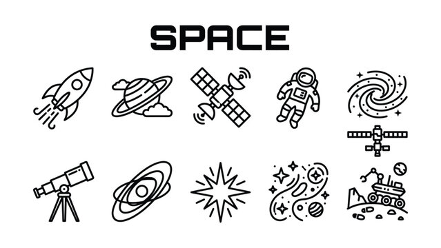 Space icons including rocket planet satellite astronaut telescope star galaxy and rover on white background icone set