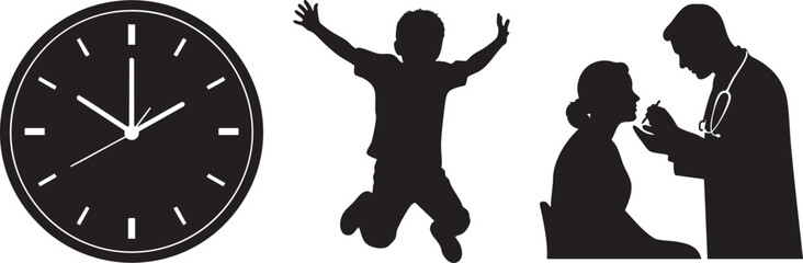 Fototapeta premium Silhouette of happy family with child jumping, doctor consulting, and clock on white background, symbolizing joyful moments and health