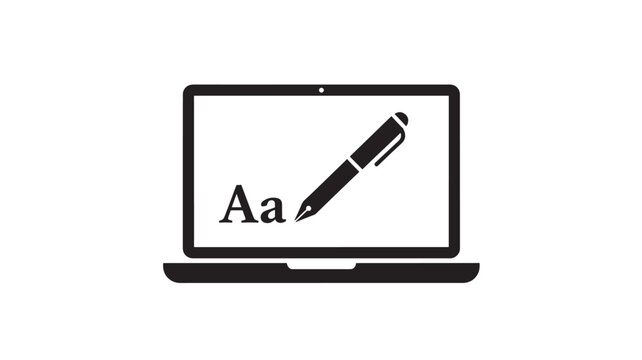 Laptop education icon with Aa alphabet letter symbol and black marker pen graphic featuring learning, school, teaching with literacy and language