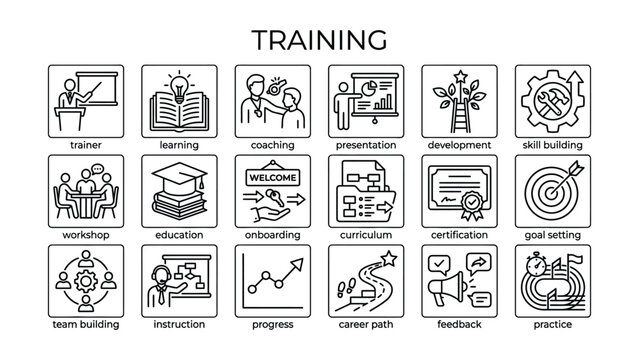 Training and development icons for business education and skill building  various concepts for learning and growth icone set