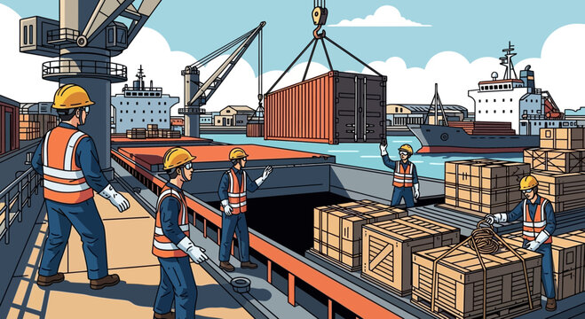 Seaport workers loading cargo ship with containers and boxes, maritime logistics