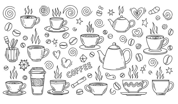 Coffee shop doodle line drawing collection cups beans cafe vector illustration