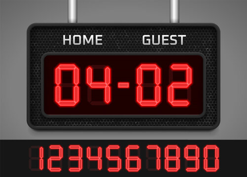 Sports scoreboard with digital glowing numbers. Scoreboard for sports events, alarm timers and countdowns. Vector illustration.