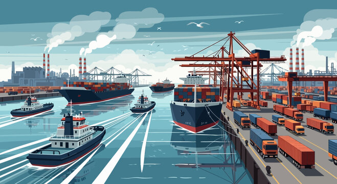 Busy Harbor with Cargo Ships, Cranes, and Trucks - Industrial Seaport Logistics