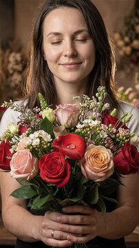 Florist holding a large mixed bouquet in a flower studio, with subtle natural motion and warm inviting floral atmosphere, generative AI