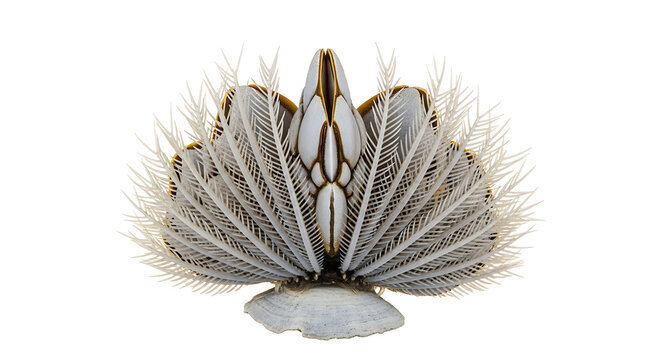 Intricate close-up studio shot of a goose barnacle showcasing its feathery cirri and unique shell plates on white