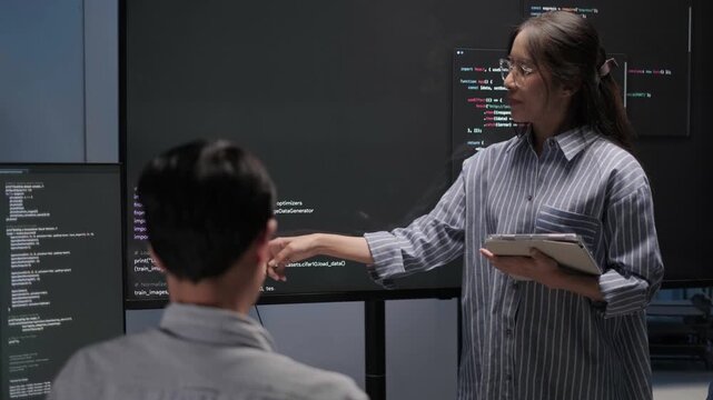 Programmer software developer project presentation monitor coding working meeting data analysis, business brainstorming discussion concept