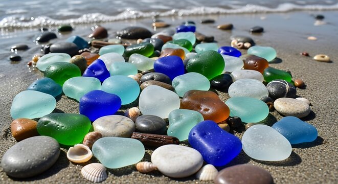 Colorful sea glass and pebbles scattered on a sandy beach, waves gently lapping