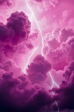 dramatic stormy clouds in vibrant pink and dark purple hues, with brilliant white lightning bolts cracking through the atmosphere, volumetric lighting, intense atmospheric perspective