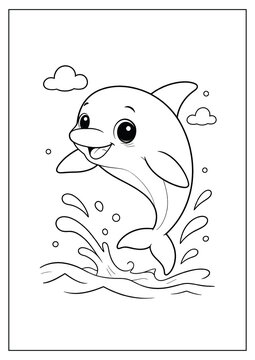 cartoon coloring page of a cute dolphin jumping in the water.