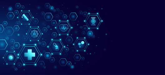 Medical tech diagram featuring interconnected glowing hexagons with healthcare icons on dark blue background. Digital health concept for medicine or scientific biotech presentation. Vector. © sersupervector