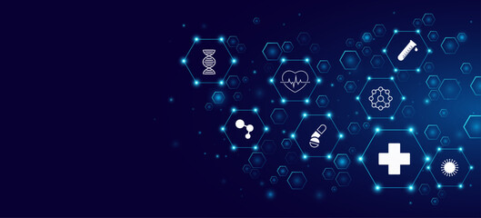 Medical modern diagram featuring interconnected glowing hexagons with healthcare icons on dark blue background. Digital health concept for medicine or scientific biotech presentation. Vector. © sersupervector