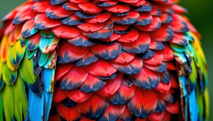 Obraz premium The image features a close up view of a bird's vibrant and colorful plumage, with layers of overlapping feathers