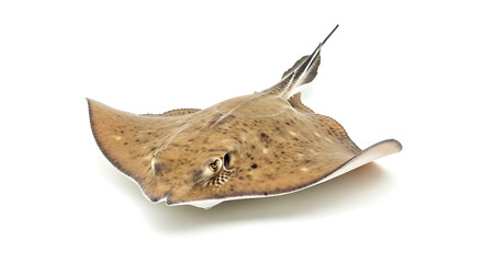 Fototapeta premium Beautiful brown aquatic ray resting on a clean white background, showcasing its unique form and marine elegance