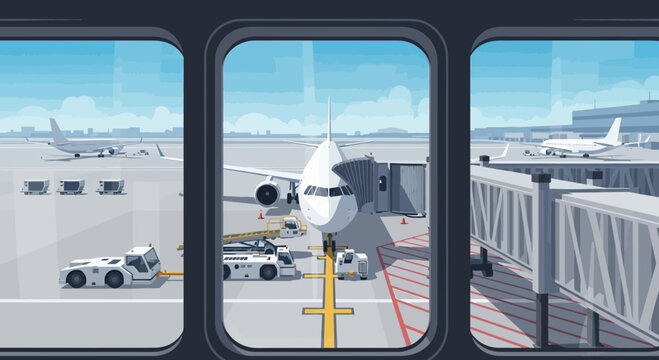 Airplane at airport gate with jet bridge and ground crew, view from window