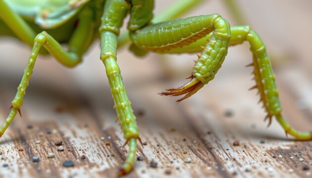 The image shows a close up view of a green insect, likely a caterpillar or pupating larva, positioned on a wooden surface