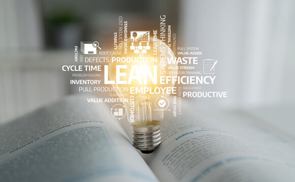 A light bulb shines above an open book showcasing lean management concepts, emphasizing efficiency and employee involvement in modern workplace practices. Tessel