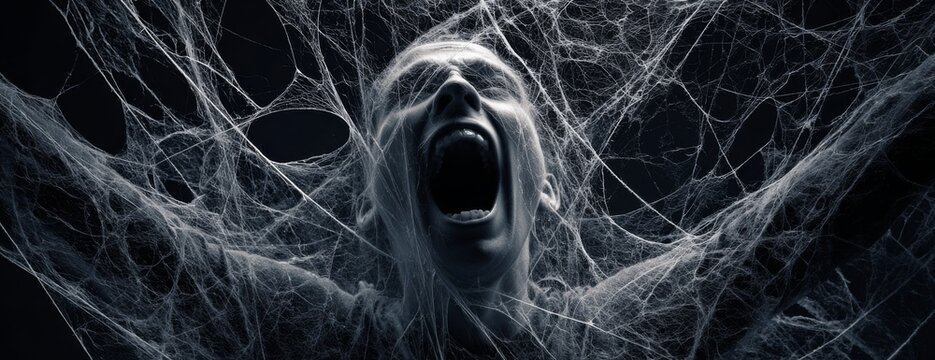 Person screaming in spider web amidst dark background  