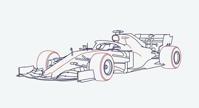 Modern Formula race car line art illustration. High-performance open-wheel racing vehicle blueprint design for motorsport concept.