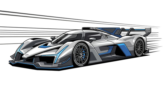 Futuristic high-performance racing car illustration with dynamic motion blur. Sleek modern sports prototype vehicle design.