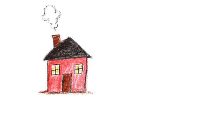 Cute child`s drawing red house isolated on white background, smoke drawing out chimney. flat lay. Creative family house kids drawing