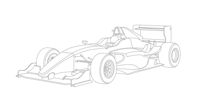 Vector line art illustration of a high-speed open-wheel racing car. Generic outline drawing for sports, competition, and speed concepts.