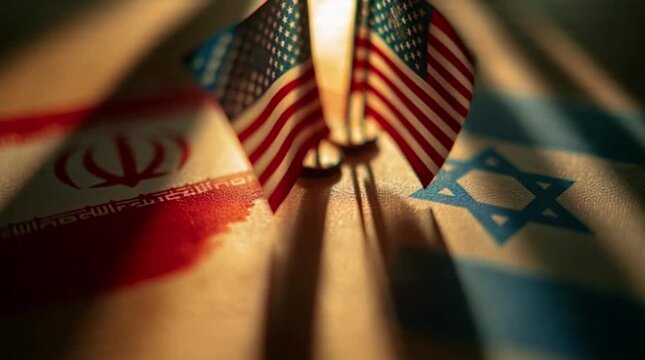 Miniature USA flags pinned on map with Iran and Israel symbols illustrating Middle East geopolitical conflict