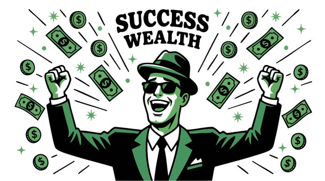 Successful Businessman Celebrating Wealth with Falling Money