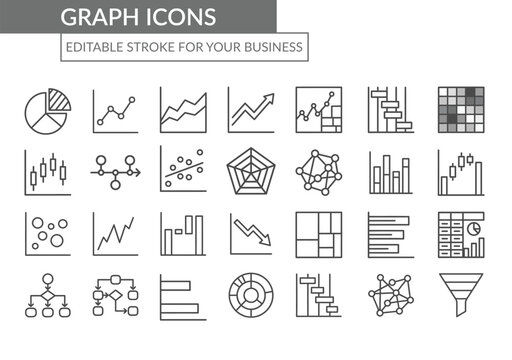 Graph icons set illustrating data analysis statistics charts and financial trends editable stroke for business.