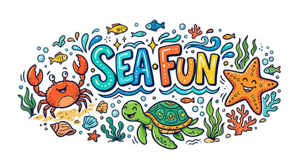 Naklejka premium Playful Ocean Life Doodle Illustration with Sea Fun Text