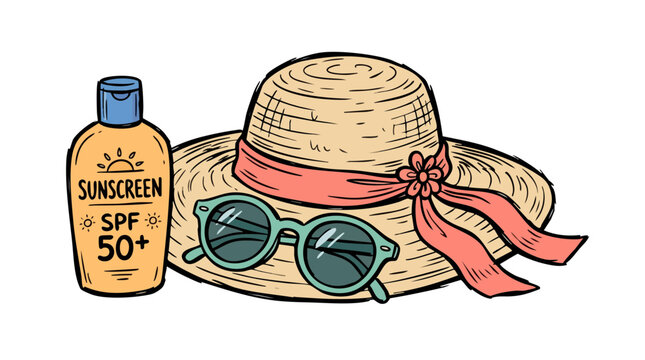Summer beauty essentials with straw hat and sunscreen vector