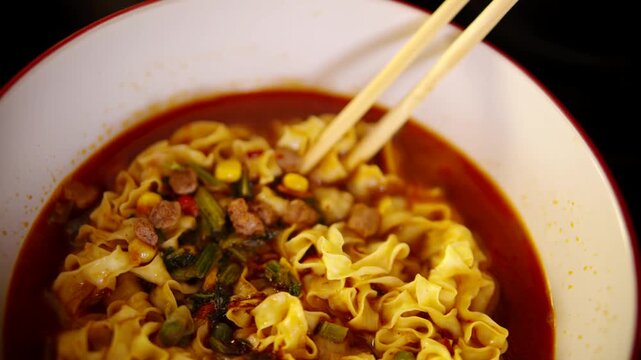 Spicy Instant Noodles with Corn and Vegetables in Red Broth.  Asian Cuisine 